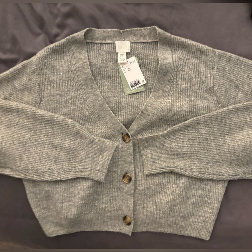 NWT H&M Slightly Cropped Gray Button-Up Sweater